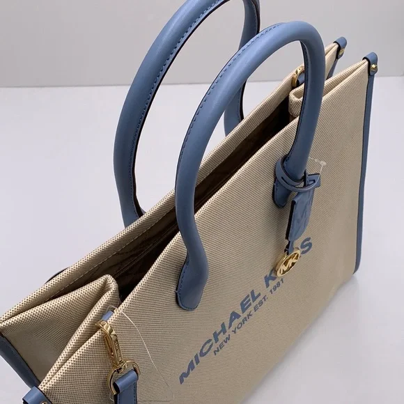 Michael Kors Mirella Large NS Logo Jacquard Tote Crossbody Bag Chambray Blue - Picture 9 of 16